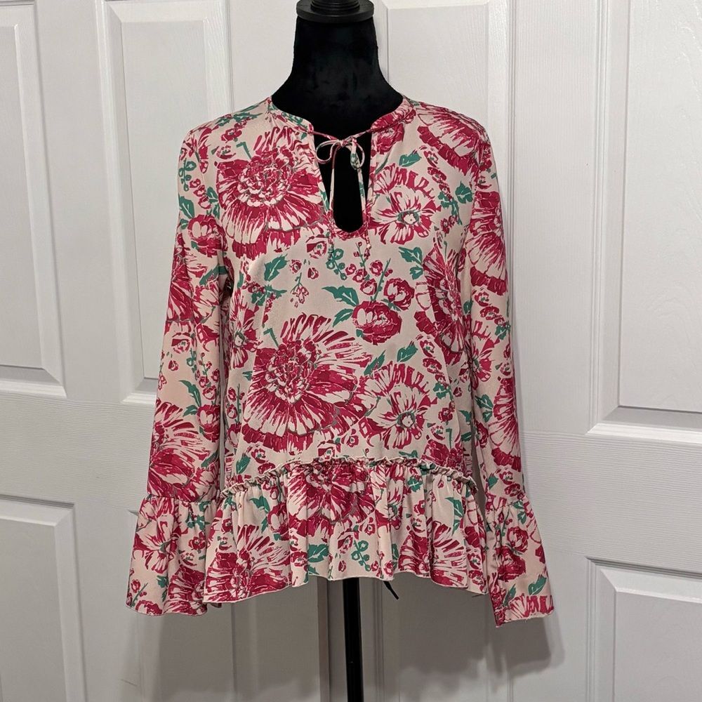 Plenty by Tracy Reese Womenâs Rose Pink Floral Print Ruffled Top Size Medium